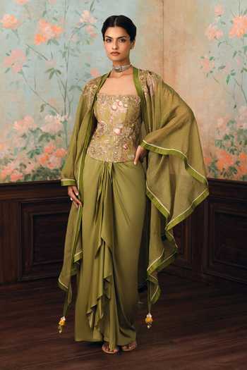 Buy_Paulmi And Harsh_Olive Green Net, Silk, Modal Embroidery Merliah Printed Corset And Skirt Set _Online_at_Aza_Fashions