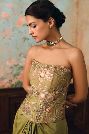 Paulmi And Harsh_Olive Green Net, Silk, Modal Embroidery Merliah Printed Corset And Skirt Set _at_Aza_Fashions