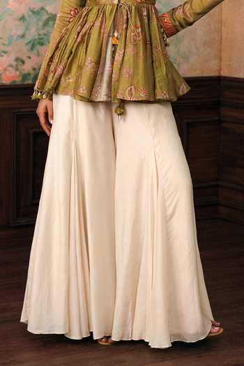 Paulmi And Harsh Olive Green Silk, Cotton Round Neck Keira Printed Peplum Top And Palazzo Set Online at Aza Fashions Paulmi And Harsh_Olive Green Silk, Cotton Round Neck Keira Printed Peplum Top And Palazzo Set _Online_at_Aza_Fashions