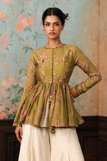 Buy Paulmi And Harsh Olive Green Silk, Cotton Round Neck Keira Printed Peplum Top And Palazzo Set Online at Aza Fashions Buy_Paulmi And Harsh_Olive Green Silk, Cotton Round Neck Keira Printed Peplum Top And Palazzo Set _Online_at_Aza_Fashions
