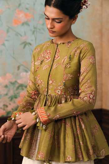 Shop Paulmi And Harsh Olive Green Silk, Cotton Round Neck Keira Printed Peplum Top And Palazzo Set Online at Aza Fashions Shop_Paulmi And Harsh_Olive Green Silk, Cotton Round Neck Keira Printed Peplum Top And Palazzo Set _Online_at_Aza_Fashions