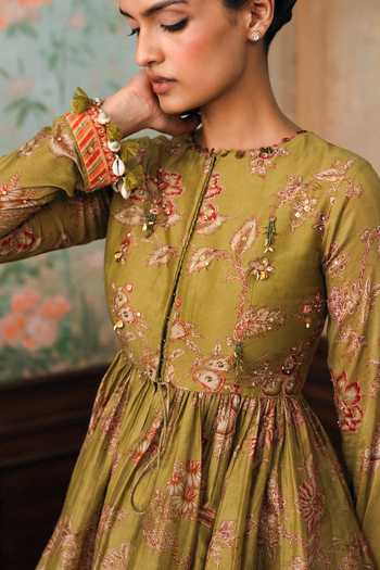 Paulmi And Harsh Olive Green Silk, Cotton Round Neck Keira Printed Peplum Top And Palazzo Set at Aza Fashions Paulmi And Harsh_Olive Green Silk, Cotton Round Neck Keira Printed Peplum Top And Palazzo Set _at_Aza_Fashions