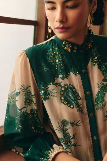 Paulmi And Harsh Ivory Silk Organza Mandarin Collar Oriel Printed Shirt And Trouser Set Online at Aza Fashions Paulmi And Harsh_Ivory Silk Organza Mandarin Collar Oriel Printed Shirt And Trouser Set _Online_at_Aza_Fashions