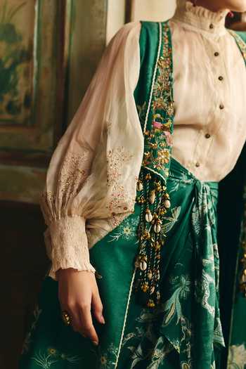 Paulmi And Harsh Emerald Green Organza High Neck Serein Printed Jacket Skirt Set Online at Aza Fashions Paulmi And Harsh_Emerald Green Organza High Neck Serein Printed Jacket Skirt Set _Online_at_Aza_Fashions