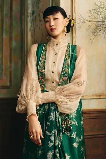 Buy Paulmi And Harsh Emerald Green Organza High Neck Serein Printed Jacket Skirt Set Online at Aza Fashions Buy_Paulmi And Harsh_Emerald Green Organza High Neck Serein Printed Jacket Skirt Set _Online_at_Aza_Fashions