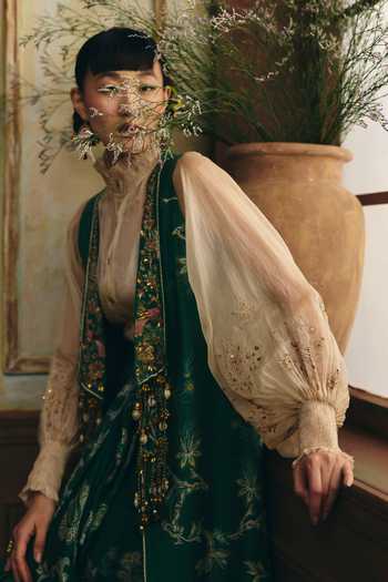 Shop Paulmi And Harsh Emerald Green Organza High Neck Serein Printed Jacket Skirt Set Online at Aza Fashions Shop_Paulmi And Harsh_Emerald Green Organza High Neck Serein Printed Jacket Skirt Set _Online_at_Aza_Fashions