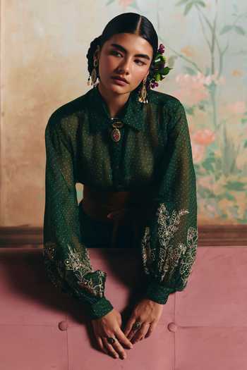 Paulmi And Harsh Emerald Green Cotton, Organza, Jacquard, Lace Ire Printed Shirt And Skirt Set Online at Aza Fashions Paulmi And Harsh_Emerald Green Cotton, Organza, Jacquard, Lace Ire Printed Shirt And Skirt Set _Online_at_Aza_Fashions