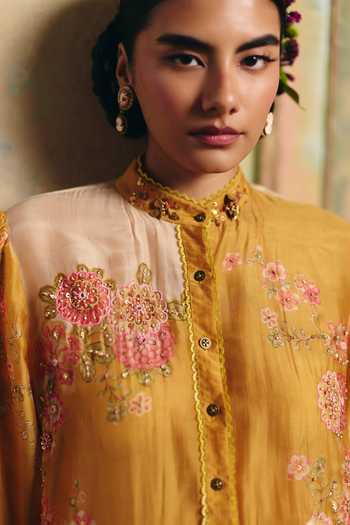 Paulmi And Harsh Yellow Silk Organza, Lace Mandarin Collar Oriel Printed Shirt And Trouser Set Online at Aza Fashions Paulmi And Harsh_Yellow Silk Organza, Lace Mandarin Collar Oriel Printed Shirt And Trouser Set _Online_at_Aza_Fashions