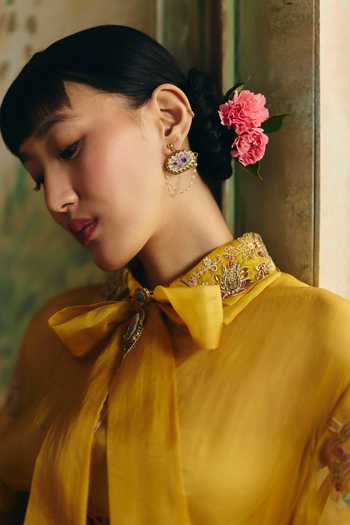 Paulmi And Harsh Yellow Cotton, Organza, Lace, Lycra High Neck Alora Sheer Shirt And Skirt Set Online at Aza Fashions Paulmi And Harsh_Yellow Cotton, Organza, Lace, Lycra High Neck Alora Sheer Shirt And Skirt Set _Online_at_Aza_Fashions
