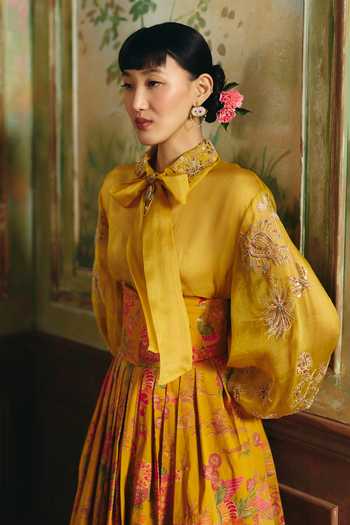 Buy Paulmi And Harsh Yellow Cotton, Organza, Lace, Lycra High Neck Alora Sheer Shirt And Skirt Set Online at Aza Fashions Buy_Paulmi And Harsh_Yellow Cotton, Organza, Lace, Lycra High Neck Alora Sheer Shirt And Skirt Set _Online_at_Aza_Fashions