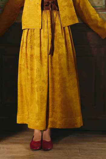 Paulmi And Harsh Yellow Jacquard, Cotton, Lace Hiatus Printed Jacket Skirt Set Online at Aza Fashions Paulmi And Harsh_Yellow Jacquard, Cotton, Lace Hiatus Printed Jacket Skirt Set _Online_at_Aza_Fashions