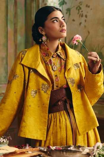 Buy Paulmi And Harsh Yellow Jacquard, Cotton, Lace Hiatus Printed Jacket Skirt Set Online at Aza Fashions Buy_Paulmi And Harsh_Yellow Jacquard, Cotton, Lace Hiatus Printed Jacket Skirt Set _Online_at_Aza_Fashions