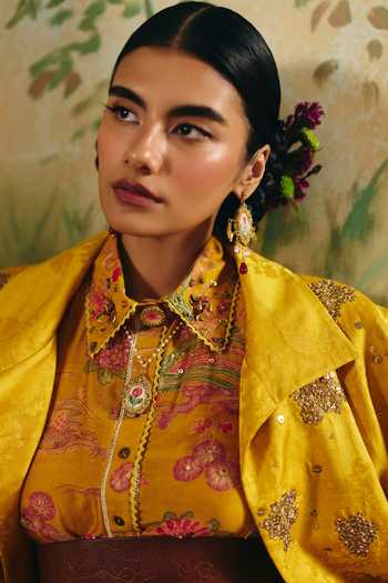 Shop Paulmi And Harsh Yellow Jacquard, Cotton, Lace Hiatus Printed Jacket Skirt Set Online at Aza Fashions Shop_Paulmi And Harsh_Yellow Jacquard, Cotton, Lace Hiatus Printed Jacket Skirt Set _Online_at_Aza_Fashions