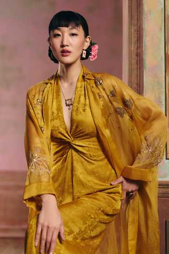 Paulmi And Harsh Yellow Jacquard, Organza Halter , Open Shinju Woven Jumpsuit Online at Aza Fashions Paulmi And Harsh_Yellow Jacquard, Organza Halter , Open Shinju Woven Jumpsuit _Online_at_Aza_Fashions