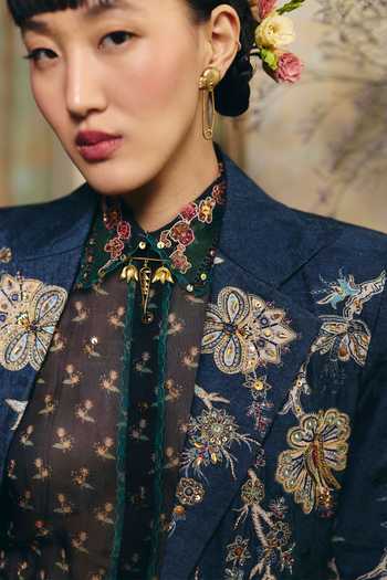 Paulmi And Harsh Blue Jacquard, Organza, Lace Collared Neck Lillian Printed Blazer Set Online at Aza Fashions Paulmi And Harsh_Blue Jacquard, Organza, Lace Collared Neck Lillian Printed Blazer Set _Online_at_Aza_Fashions
