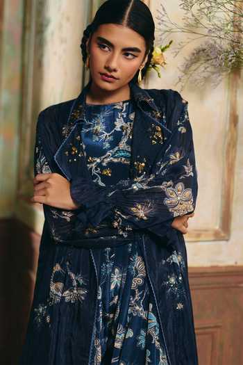 Paulmi And Harsh Blue Crepe, Cotton, Organza Winnie Printed Jumpsuit With Jacket Online at Aza Fashions Paulmi And Harsh_Blue Crepe, Cotton, Organza Winnie Printed Jumpsuit With Jacket _Online_at_Aza_Fashions