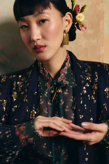 Paulmi And Harsh Navy Jacquard, Organza Eirene Woven Jacket Pant Set Online at Aza Fashions Paulmi And Harsh_Navy Jacquard, Organza Eirene Woven Jacket Pant Set _Online_at_Aza_Fashions