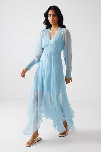 Reena Sharma Sky Blue Chiffon, Viscose, Crinkle V-neck Asymmetric Maxi Dress Online at Aza Fashions Reena Sharma_Sky Blue Chiffon, Viscose, Crinkle V-neck Asymmetric Maxi Dress _Online_at_Aza_Fashions
