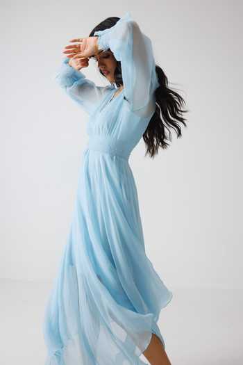 Buy Reena Sharma Sky Blue Chiffon, Viscose, Crinkle V-neck Asymmetric Maxi Dress Online at Aza Fashions Buy_Reena Sharma_Sky Blue Chiffon, Viscose, Crinkle V-neck Asymmetric Maxi Dress _Online_at_Aza_Fashions