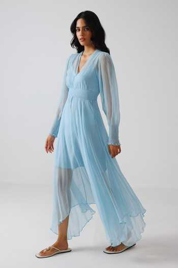 Shop Reena Sharma Sky Blue Chiffon, Viscose, Crinkle V-neck Asymmetric Maxi Dress Online at Aza Fashions Shop_Reena Sharma_Sky Blue Chiffon, Viscose, Crinkle V-neck Asymmetric Maxi Dress _Online_at_Aza_Fashions