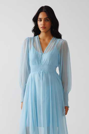 Reena Sharma Sky Blue Chiffon, Viscose, Crinkle V-neck Asymmetric Maxi Dress at Aza Fashions Reena Sharma_Sky Blue Chiffon, Viscose, Crinkle V-neck Asymmetric Maxi Dress _at_Aza_Fashions