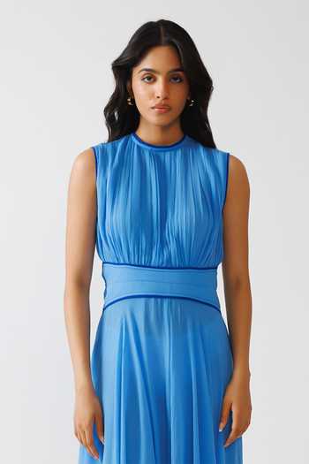 Reena Sharma Blue Georgette, Bemberg High Neck Sleeveless Pleated Dress Online at Aza Fashions Reena Sharma_Blue Georgette, Bemberg High Neck Sleeveless Pleated Dress _Online_at_Aza_Fashions
