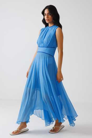 Buy Reena Sharma Blue Georgette, Bemberg High Neck Sleeveless Pleated Dress Online at Aza Fashions Buy_Reena Sharma_Blue Georgette, Bemberg High Neck Sleeveless Pleated Dress _Online_at_Aza_Fashions