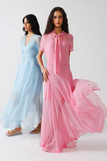Reena Sharma_Pink Cotton, Georgette, Bemberg Keyhole Neck Maxi Dress _Online_at_Aza_Fashions