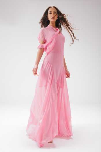 Buy_Reena Sharma_Pink Cotton, Georgette, Bemberg Keyhole Neck Maxi Dress _Online_at_Aza_Fashions