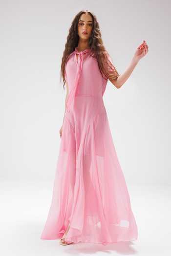 Shop_Reena Sharma_Pink Cotton, Georgette, Bemberg Keyhole Neck Maxi Dress _Online_at_Aza_Fashions