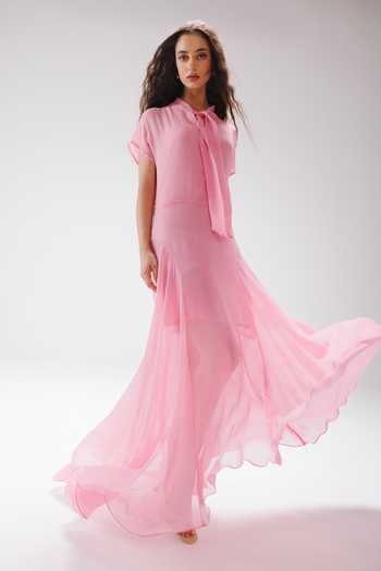 Reena Sharma_Pink Cotton, Georgette, Bemberg Keyhole Neck Maxi Dress _at_Aza_Fashions