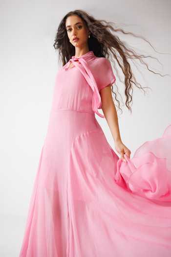 Buy_Reena Sharma_Pink Cotton, Georgette, Bemberg Keyhole Neck Maxi Dress 