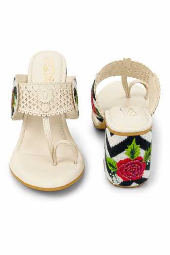 Sole House Cream Monochrome Floral Embroidered Block Heels Online at Aza Fashions Sole House_Cream Monochrome Floral Embroidered Block Heels _Online_at_Aza_Fashions