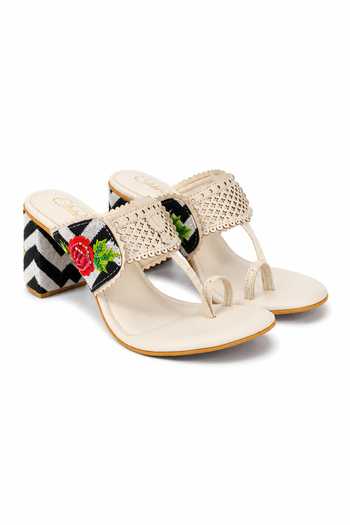 Buy Sole House Cream Monochrome Floral Embroidered Block Heels Online at Aza Fashions Buy_Sole House_Cream Monochrome Floral Embroidered Block Heels _Online_at_Aza_Fashions