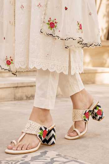 Sole House Monochrome Floral Embroidered Block Heels 