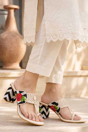 Sole House Cream Monochrome Floral Embroidered Block Heels at Aza Fashions Sole House_Cream Monochrome Floral Embroidered Block Heels _at_Aza_Fashions