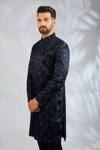SPRING BREAK_Blue Silk, Cotton Satin Floral Embroidered Sherwani Set _Online_at_Aza_Fashions
