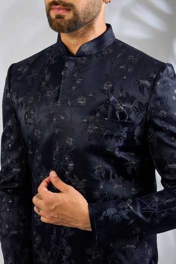 Buy_SPRING BREAK_Blue Silk, Cotton Satin Floral Embroidered Sherwani Set _Online_at_Aza_Fashions