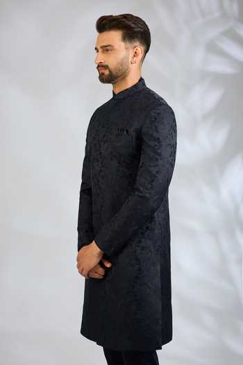 SPRING BREAK Navy Silk, Cotton Satin Botanical Embroidered Sherwani Set Online at Aza Fashions SPRING BREAK_Navy Silk, Cotton Satin Botanical Embroidered Sherwani Set _Online_at_Aza_Fashions
