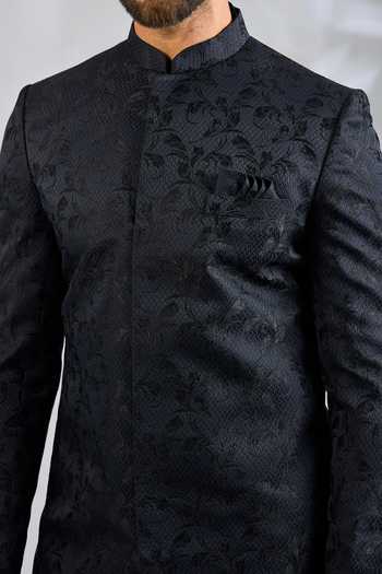 Buy SPRING BREAK Navy Silk, Cotton Satin Botanical Embroidered Sherwani Set Online at Aza Fashions Buy_SPRING BREAK_Navy Silk, Cotton Satin Botanical Embroidered Sherwani Set _Online_at_Aza_Fashions
