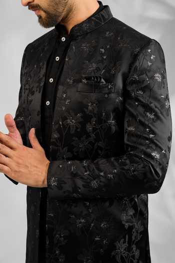 Buy SPRING BREAK Black Silk, Cotton Satin Floral Embroidered Jacket And Kurta Set Online at Aza Fashions Buy_SPRING BREAK_Black Silk, Cotton Satin Floral Embroidered Jacket And Kurta Set _Online_at_Aza_Fashions