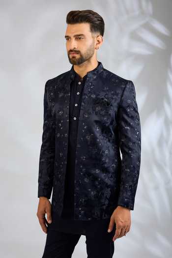 Buy_SPRING BREAK_Blue Silk, Cotton Satin Floral Embroidered Jacket And Kurta Set _Online_at_Aza_Fashions
