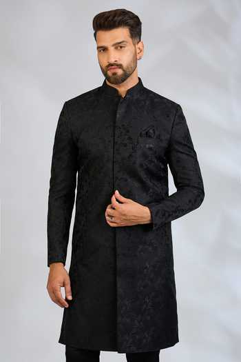 SPRING BREAK Black Silk, Cotton Satin Botanical Embroidered Sherwani Set Online at Aza Fashions SPRING BREAK_Black Silk, Cotton Satin Botanical Embroidered Sherwani Set _Online_at_Aza_Fashions
