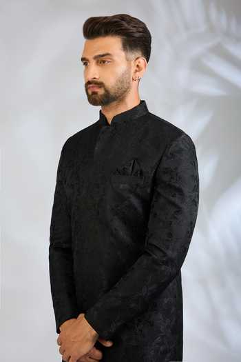 Buy SPRING BREAK Black Silk, Cotton Satin Botanical Embroidered Sherwani Set Online at Aza Fashions Buy_SPRING BREAK_Black Silk, Cotton Satin Botanical Embroidered Sherwani Set _Online_at_Aza_Fashions