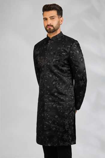 SPRING BREAK Black Silk, Cotton Satin Floral Embroidered Sherwani Set Online at Aza Fashions SPRING BREAK_Black Silk, Cotton Satin Floral Embroidered Sherwani Set _Online_at_Aza_Fashions
