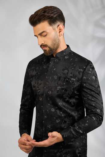 Buy SPRING BREAK Black Silk, Cotton Satin Floral Embroidered Sherwani Set Online at Aza Fashions Buy_SPRING BREAK_Black Silk, Cotton Satin Floral Embroidered Sherwani Set _Online_at_Aza_Fashions
