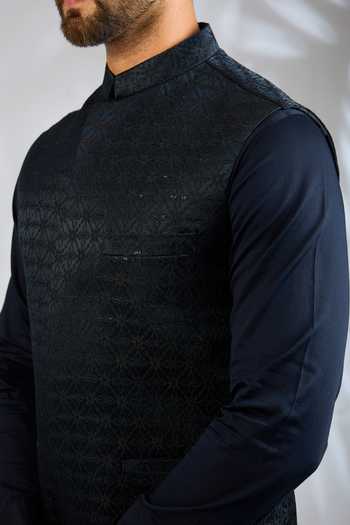 SPRING BREAK Blue Silk, Cotton Satin Geometric Embroidered Bundi And Kurta Set Online at Aza Fashions SPRING BREAK_Blue Silk, Cotton Satin Geometric Embroidered Bundi And Kurta Set _Online_at_Aza_Fashions
