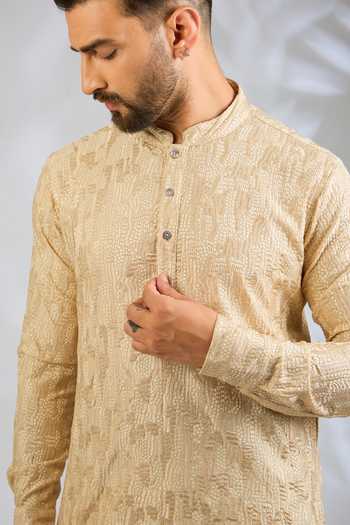 SPRING BREAK_Peach Silk, Cotton Sequin Embroidered Kurta Set _Online_at_Aza_Fashions