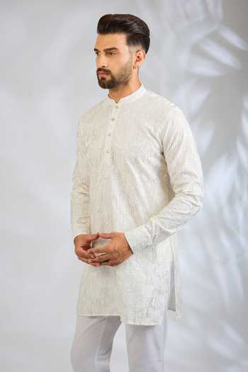 Shop_SPRING BREAK_White Silk, Cotton Sequin Work Kurta Set _Online_at_Aza_Fashions