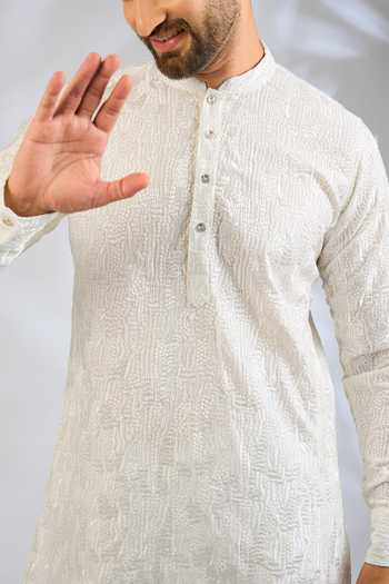 Shop_SPRING BREAK_White Silk, Cotton Sequin Work Kurta Set 